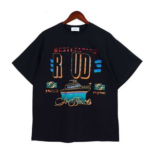 Rhude Tasarımcı T-Shirt En Kaliteli Erkekler Tişörtleri Yaz Donanması Gemi Mektubu Baskı Gevşek Çok Yönlü Günlük Erkekler ve Kadınlar Kısa Kollu T-Shirt