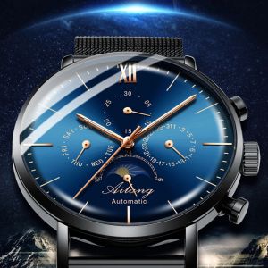 Смотреть Ailang Top Brand Watch Men's Waterproanse Waterbons Staine Steel Belt Automatic Mechanical Watch Man Симпанк Fashion Clock Leather 2019