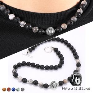 Halsband män pärlstav halsband 8mm naturlig lava rock map sten tiger ögon halsband ädelsten choker lejon huvud charm mans radband anpassade storlek