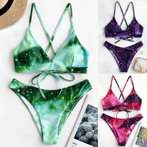 Women's Swimwear 2Pcs/Set Gradient Bikini Set Wire Free Tie Belt Star Print Bathing Suit For Beach