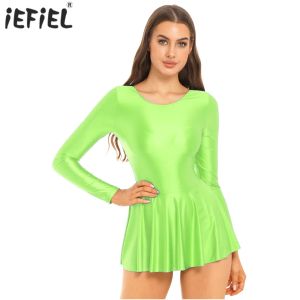 Dresses Womens Ladies Glossy Long Sleeve Ruffled Dress Ballet Dance Swimming Dress Costume Solid Color Round Neck Leotard Dresses