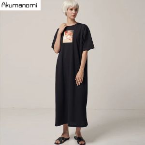 Klänningar bomull plus storlek 7xl 6xl 5xl 4 xxxl svart maxi t shirt klänning kvinnor sommarfest vintage stickad boho casual dubbel slitsklänningar