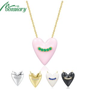 Pingentes Moonmory American Trendy Jewelry 925 Sterling Silver Drop Heart Pingente Colar para Mulheres Rosa Esmalte Colar com CZ Ajustar