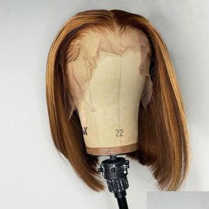 人間の髪のかつらハニーブロンドハイライトウィッグヒューマンヘアストレート13x4ボブレースフロントウィッグ黒女性のための短いHD正面ドロップ配信dhlay