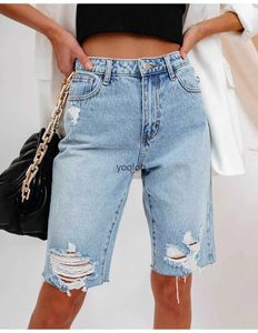 Kvinnors 2023 nya kvinnors sommar rippade denim mode hög elastisk smal knälängd jeans shorts s-2xl drop frakt