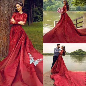 Red A Line Wedding Dresses Jewel Neck Lace Long Sleeve Beaded Bridal Gowns Cathedral Train 3D Floral Appliques Wedding Robe