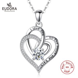 Hängen Eudora 925 Sterling Silver Clear Big Crystal Heart to Heart Necklace I Love You to the Moon and Back Jewelry for Women Gift D596