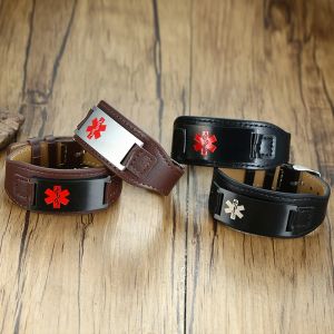 Pulseiras alerta médico gravado pulseiras de couro livre personalizar aço inoxidável id tag diabetes epilepsia sos pulseira para homens jóias