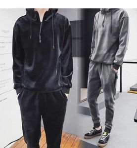 Men039s Trailtsits Sonbahar Kış Yumuşak Sıcak Erkekler Hoody Hoodie ve Jogger Pants 2pieces Kıyafet Kadife Takip Kore Altın Fashio8716689