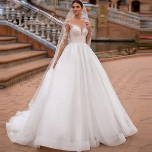 فساتين زفاف الأميرة الرائعة جوهرة الرقبة طويلة الأكمام حرة خط ثوب الزفاف خط الخلفية Vestidos de Noiva plus size