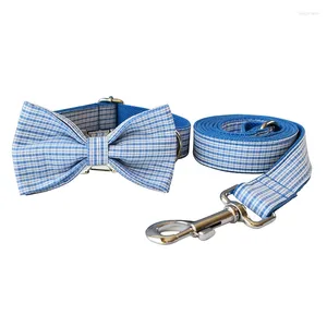 Dog Collars Fashion Collar For Dogs Blue Plaid Cute Bow Tie Leash Set Custom Name Engraved Pet Gift Chihuahua Yorkies