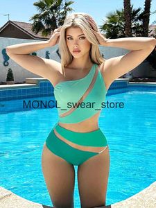 Costume da bagno donna sexy monospalla in rete patchwork costume intero donna 2023 nuovo costume da bagno donna scava fuori monokini push up bikini verdeH2422088