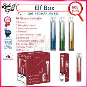 Authentic Elf Box 600 Puff 2% 5% 2ML POD de preenchimento de 450mAh 10 sabores 10 sabores de vape disputas de vape pufos 600 kit