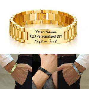 Bracelets Mens 15mm Wide ID Tag Bracelets with Free Personalized Engrave Name Love Info 5 Color Watch Band Wrap Link Chain Bracelet