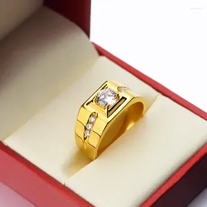 Cluster Rings Hoyon Real Coating Gold Jewelry 24k Original Ring for Men Wedding Bands Imitate Diamond Cubic Zircon Gems Resizable Finger