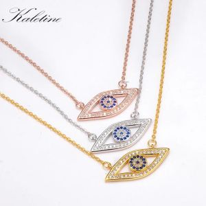 Anhänger Kaletine Lange Kette Halskette Voll CZ Massiv 925 Sterling Silber Böser Blick Hamsa Blaue Kristalle Damen Anhänger Halskette Goldschmuck