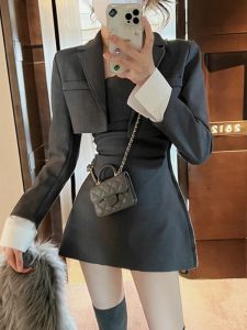 Mikrofone Schwarz Koreanische Zweiteiliges Kleid Set Frauen Casual Blazer Mantel + Strap Kleid Set Weibliche Grau Schlank Vintage Elegante kleid Anzug 2023 Neue