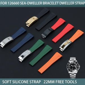 Titta på band 22mm Colorful Curved End Silicone Rubber Watchband för roll Rem D-Blue 126660 Armband Band Tools251U