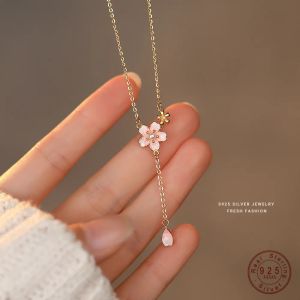 Halsband 925 Sterling Silver Imitation Pearl Pink Peach Blossom Pendant Necklace For Women Girl Japanese Söta söta smycken Tillbehör