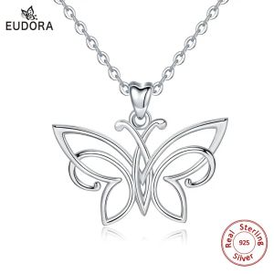 Hängen Eudora Ny Sterling Silver Charming Butterfly Pendant Halsband för kvinnor Högkvalitativa smycken Happy Birthday Girl Gift D495