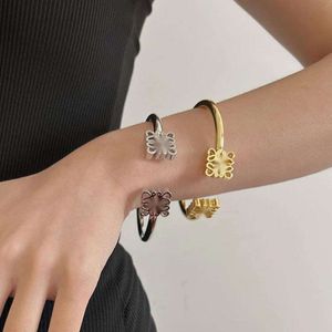 Real Gold Electroplated Luo Family Fashionable Square Hollow Pattern Open Plain Ring Bracelet with Light and Unique Exquisite Couple Handicraft