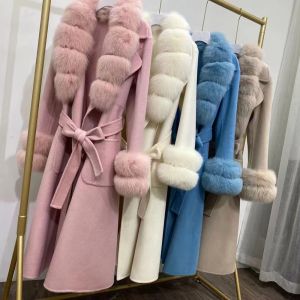 Necklaces Jazzevar Winter Parka Women Luxurious Large Real Fox Fur Collar Outerwear Female Socialite Cashmere Double Faced Long Wool Coat