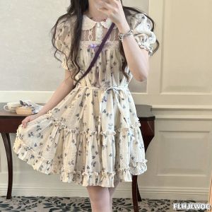 Dresses A Line Cute Mini Date Dresses Women French Style Design Girls Party Floral Retro Vintage Peter Pan Collar Ruffles Lace Dress