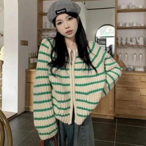 Suéteres femininos vermelho verde branco listrado zíper cardigan manga longa 2024 primavera outono streetwear magro túnica camisola de malha oversized