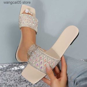 Slippers Flat Bottomed Rhinestone Slippers for Women in 2024 Large One Size Womens Sandals Open Toe Beach Shoes T240220