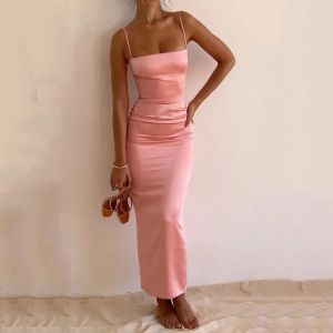 Kleider Ellafads Frauen Maxi Kleider Sommer Satin rosa massiver Quadrat Hals Hosse Slim formelles Anlass Abend Party Kleider kostenlos Versand