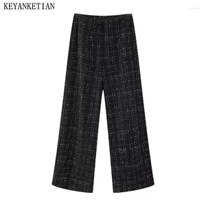 Damenhosen KEYANKETIAN Launch Tweed Texture Plaid Jacquard Wide Leg Retro High-Waist Zipper Long Pants Female