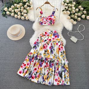 Seaside vacation fashion suit skirt Strapless camisole with chest pad High waist A-line printed skirt two-piece set