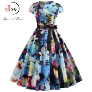 Abito da donna vintage Abito estivo con stampa floreale Abiti a maniche corte anni '50 anni '60 Festa in ufficio Rockabilly Swing Retro Pinup Plus Size