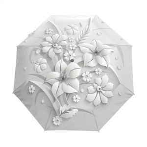 Completa automática 3d floral guarda chuva branco proteção solar três guarda-chuva dobrável chuva mulheres anti uv viagem ao ar livre sombrinha 240219