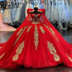 Elegancka czerwono -balowa suknia Quincenara sukienka 2024 3D Kwiatowa Peading Perły Vestidos de 15 Anos Quinceanera XV Brithday Sweet 16 Sukienka