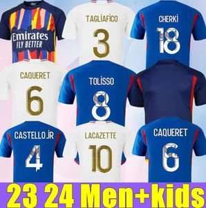 23 24 Lyon Futebol Jerseys Maillot de Foot CAQUERET OL 2023 2024 Lyonnais Home Away Camisa de Futebol Azul BARCOLA CASTELLO JR CHERKI TAGLIAFICO TOLISSO Homens Kit Kit Set