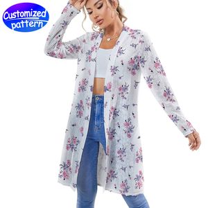 Cardigã feminino personalizado de comprimento médio HD com textura de transferência de calor em malha de manga comprida versão solta Punhos elásticos versáteis da moda 100% poliéster 308g branco