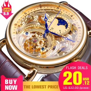 Watches Forsining 2018 Royal Golden Skeleton Display Blue Hands Brown Genuine Leather Belt Mens Mechanical Wristwatches Clock Male