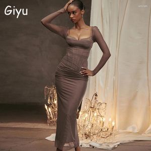 Vestidos casuais giyu sexy laço crochê malha bodycon vestido mulheres 2024 outono manga longa maxi elegante backless split preto robe