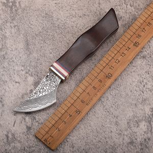 1Pcs New A2245 Damascus Fixed Blade Knife VG10 Damascus Steel Blade Rosewood with Copper Head Handle EDC Knives with Leather Sheath