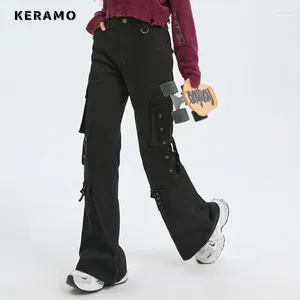 Женские джинсы, винтажные повседневные брюки-карго с высокой талией, однотонный дизайн с поясом для женщин, уличный стиль, широкие комбинезоны, мешковатые брюки Y2K