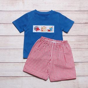 Комплекты одежды, летняя одежда, синий топ с короткими рукавами и красные шорты в клетку, пляжный замок с вышивкой для мальчиков