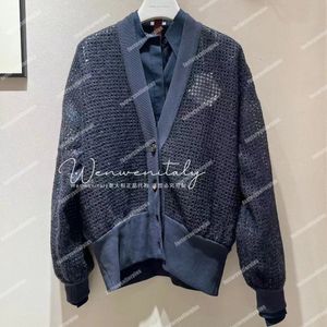 Giacca da donna Brunello Cardigan con paillettes a griglia in prospettiva di poliestere blu scuro in autunno e primavera