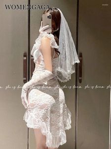 Casual Dresses WOMENGAGA Exotic Cosplay Bride Thin Lace Mesh Transparent Wedding Dress Sexy Mini Set Fashion Uniform Tops IX52