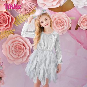 Flickaklänningar Vikita Girls Långärmad grå klänning Tulle Princess Födelsedagsfest Kostymer 3 till 8 år Casual Vestidos