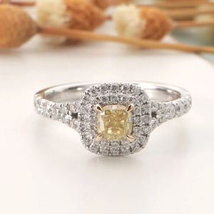 Rings CxsJeremy 14K White Gold 0.35ct Yellow Cushion Cut 4mm Moissanite Engagement Ring Double Halo Yellow Prongs Luxury Wedding Band