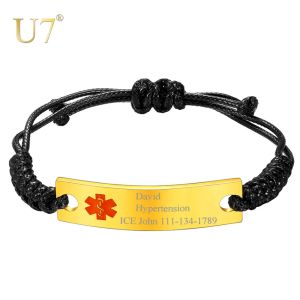 Pulseiras U7 Gravar Alerta Médico ID Strap Cera Corda Pulseiras de Aço Inoxidável para Homens Mulheres Personalizado Jóias de Emergência Ajustável H1074