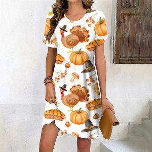 Klänningar Thanksgiving Day Dress for Women 3D Pumpkins Tryck klänning Vinter Kort ärm miniklänningar Autumn Fashion Party Woman kläder