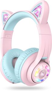 iClever Cat Ear Kids Bluetooth Headphones, LED Lights Up 74 85 94dB Volume Limited, 50H Playtime,Bluetooth 5.2, USB C, Wireless Over Ear for Travel iPad Tablet