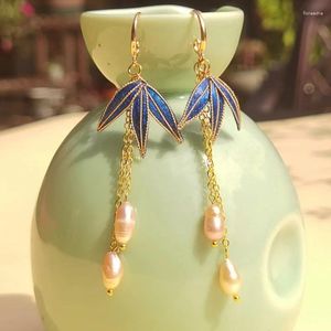 Dangle Earrings Chinese Handmade Intangible Cultural Heritage Filigree Emerald Bamboo Leaves Tassel Freshwater Pearl For Women Jewelry